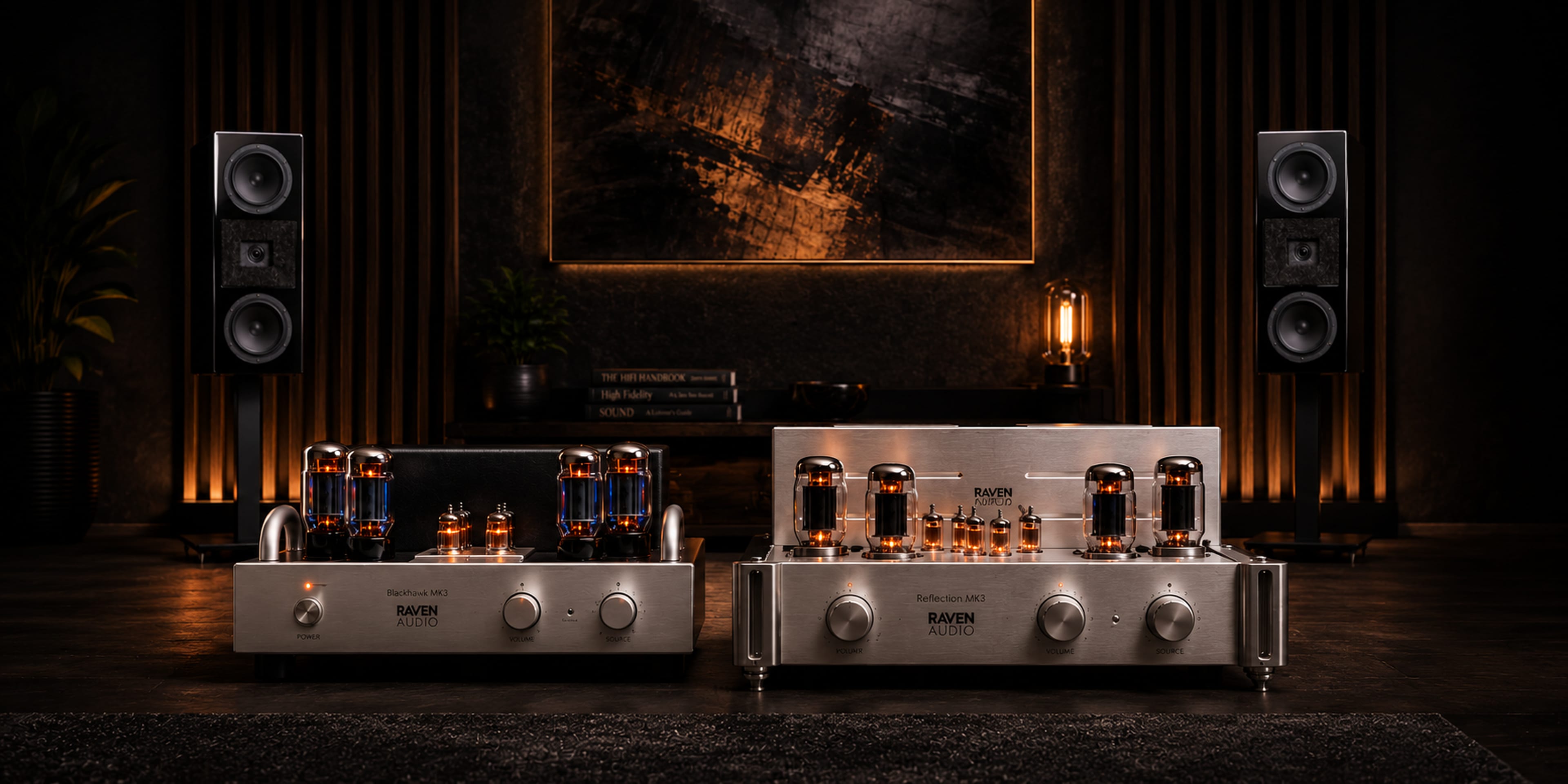 A Raven Audio system — hand-built tube amplifiers and speakers in a listening room